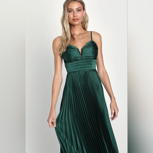 Lulus Fabulous Perfection Emerald Green Satin Pleated Midi Dress S Wedding Party - Picture 4 of 10